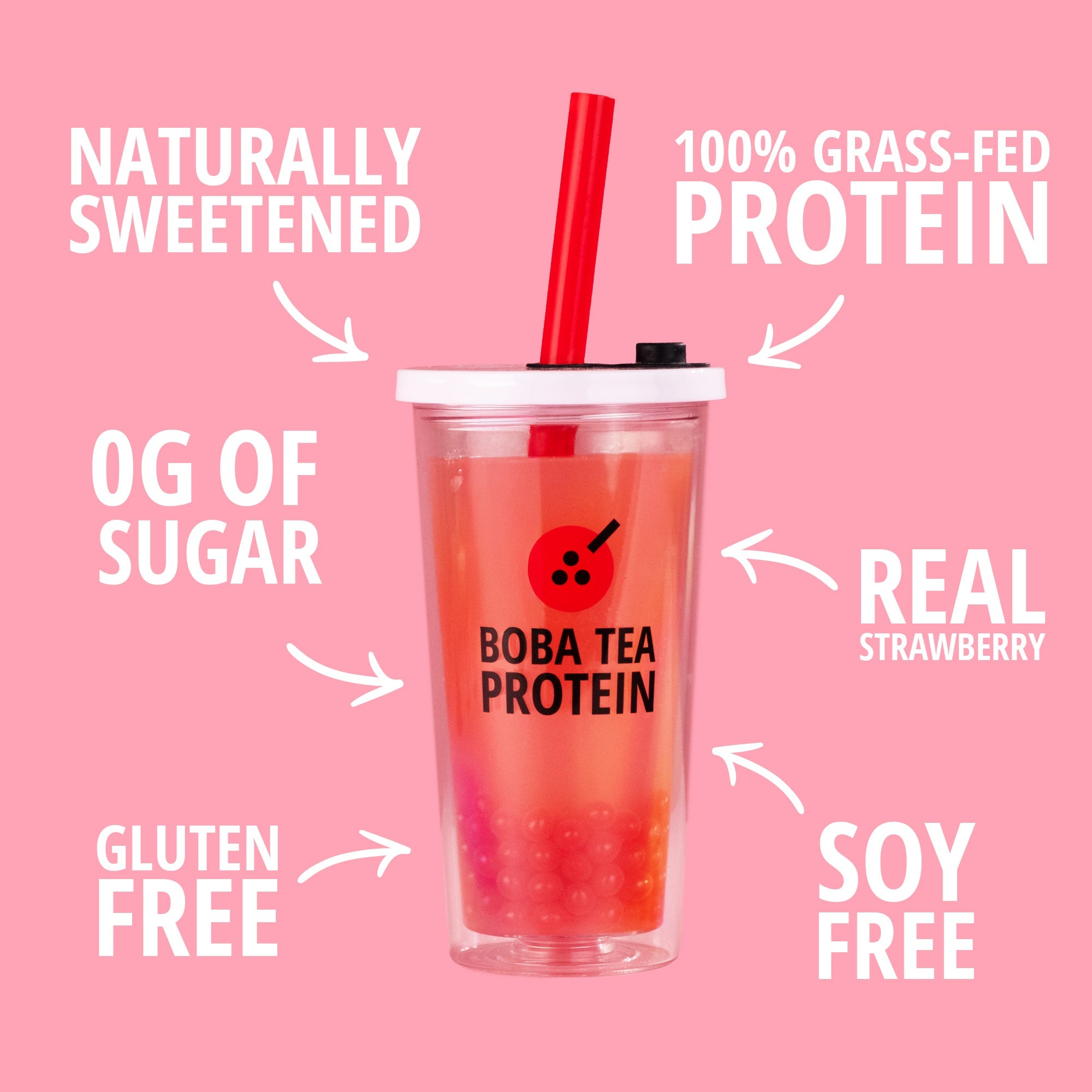 Boba Tea Protein drink with red straw on pink background, featuring text about ingredients and features of Boba Tea Protein's Strawberry Yogurt clear whey protein.
