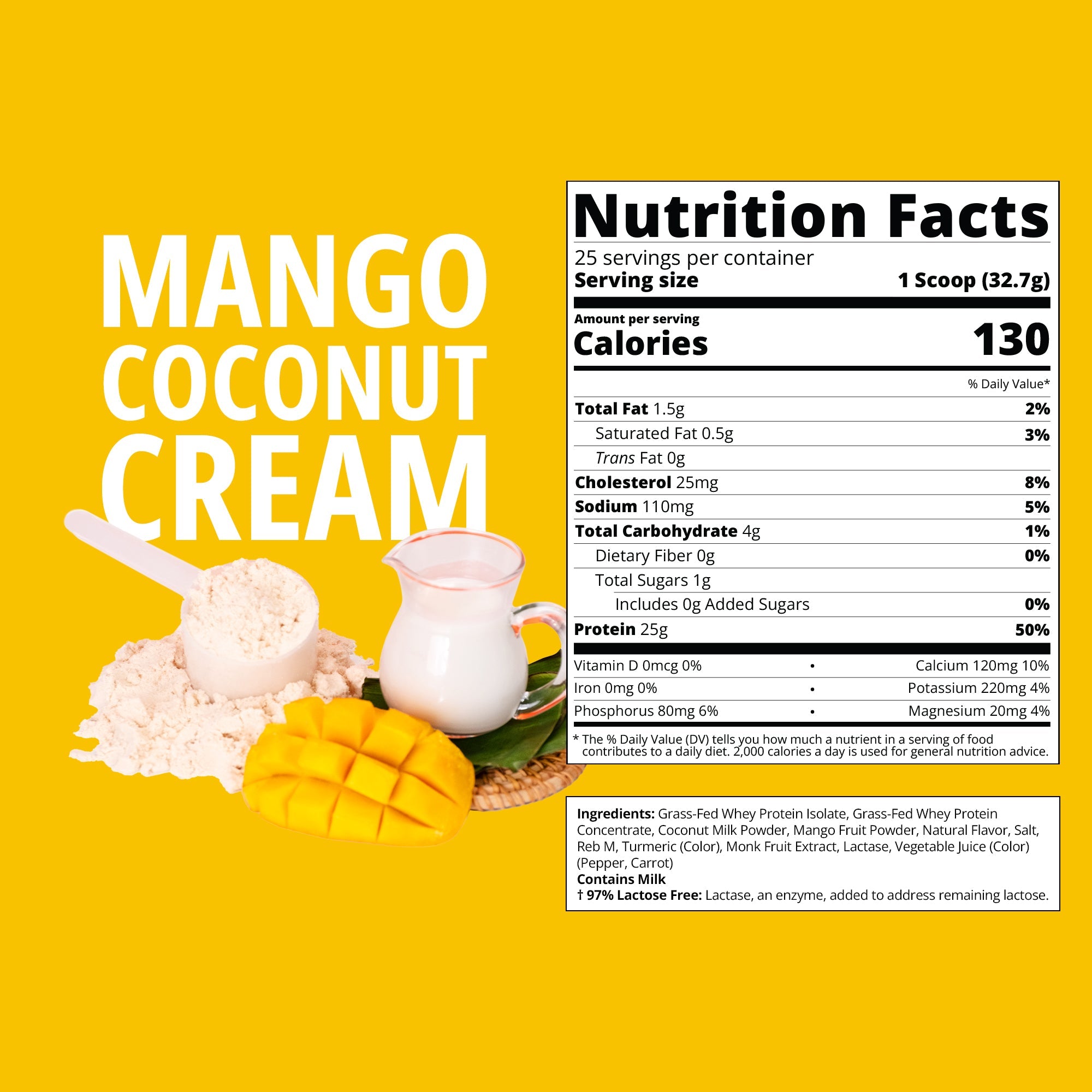 Nutrition facts label for mango coconut cream on a yellow background