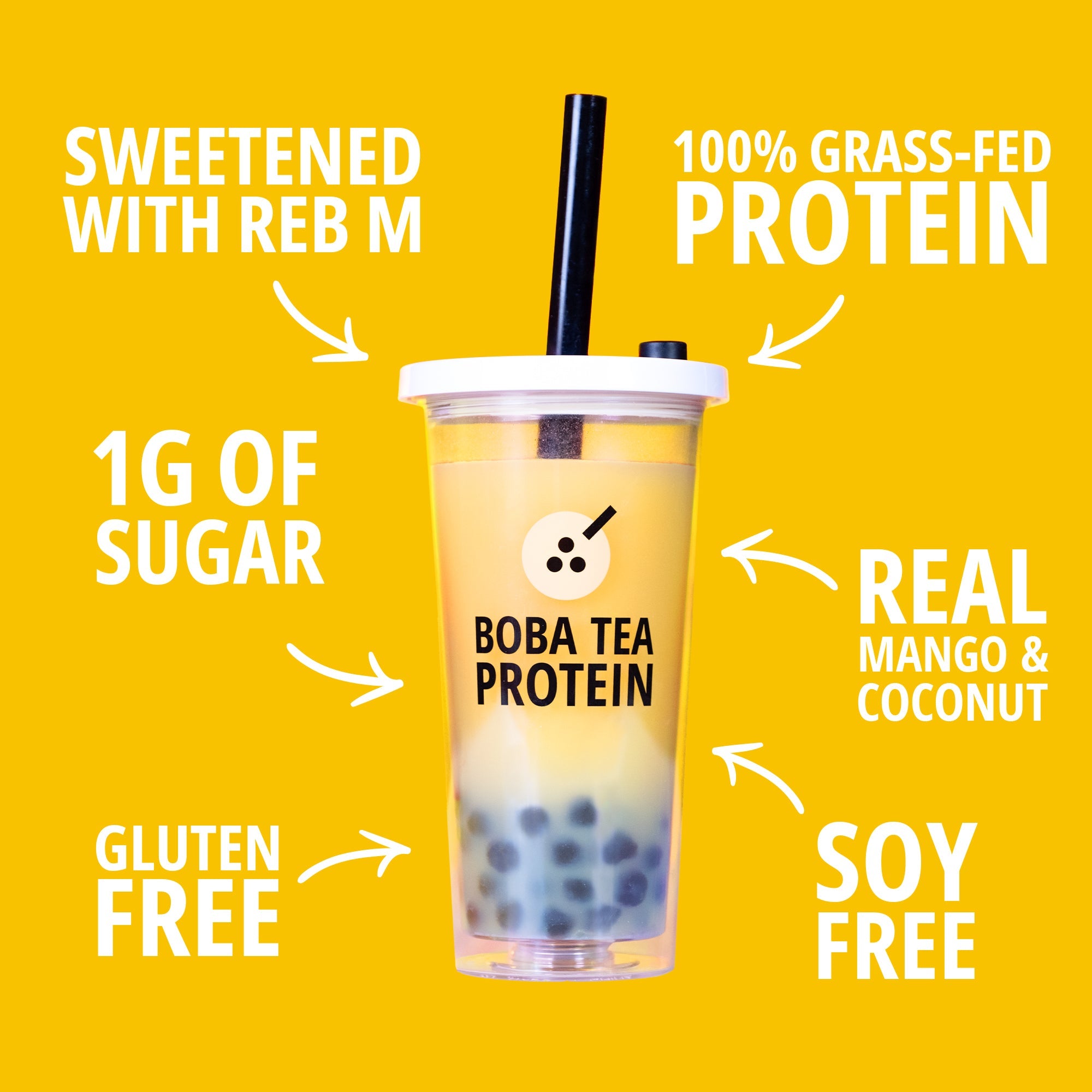 Boba tea protein drink with nutritional information on a yellow background