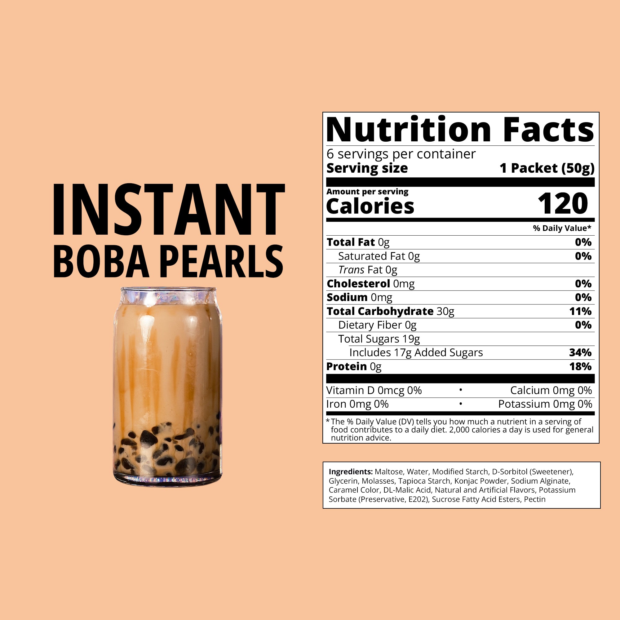 Nutrition facts label for instant boba pearls on a beige background