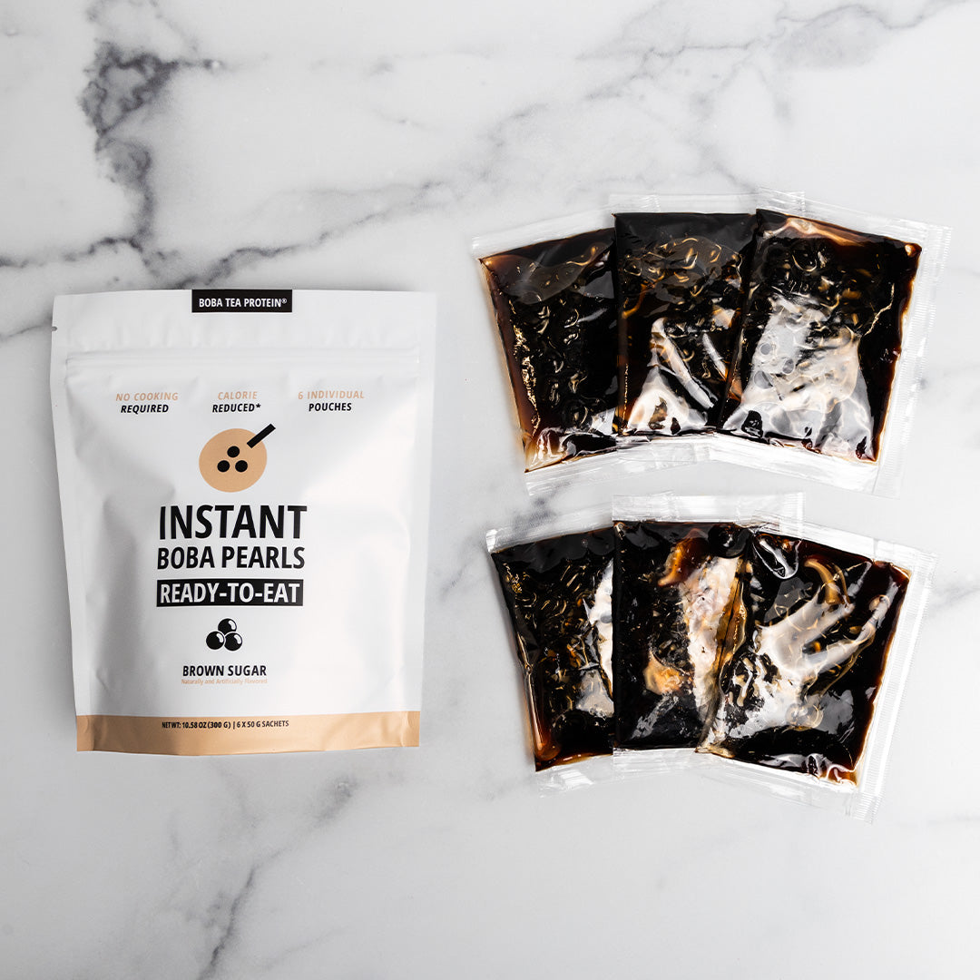 Instant boba pearls packaging on a marble surface