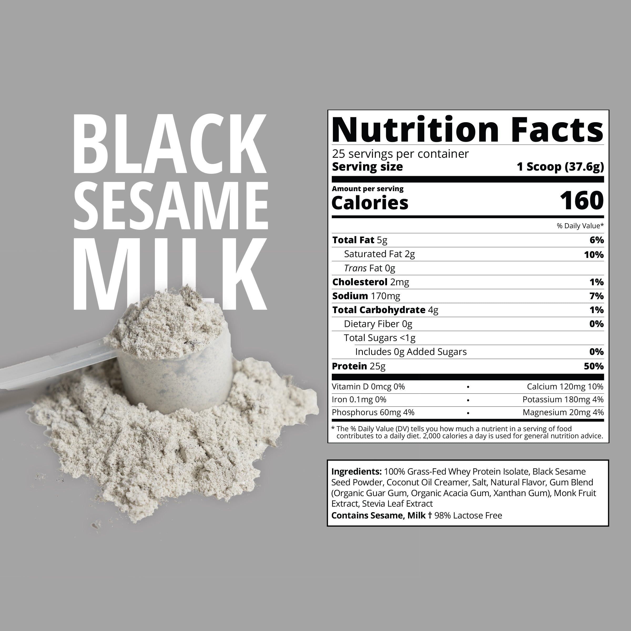 Nutrition facts label for black sesame milk whey protein powder on a gray background