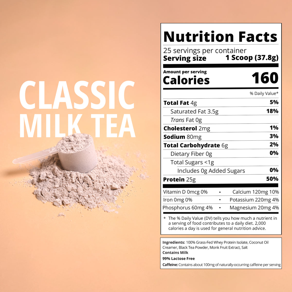 Nutrition facts label for 'Classic Milk Tea' powder with a scoop of powder on a beige background.