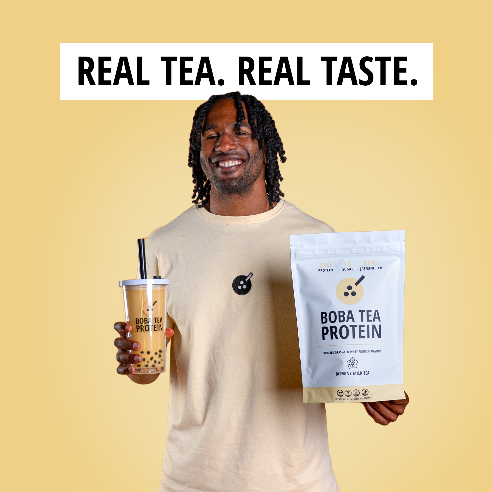 Man holding a Boba Tea Protein package and a cup against a yellow background with 'Real Tea. Real Taste.' text.
