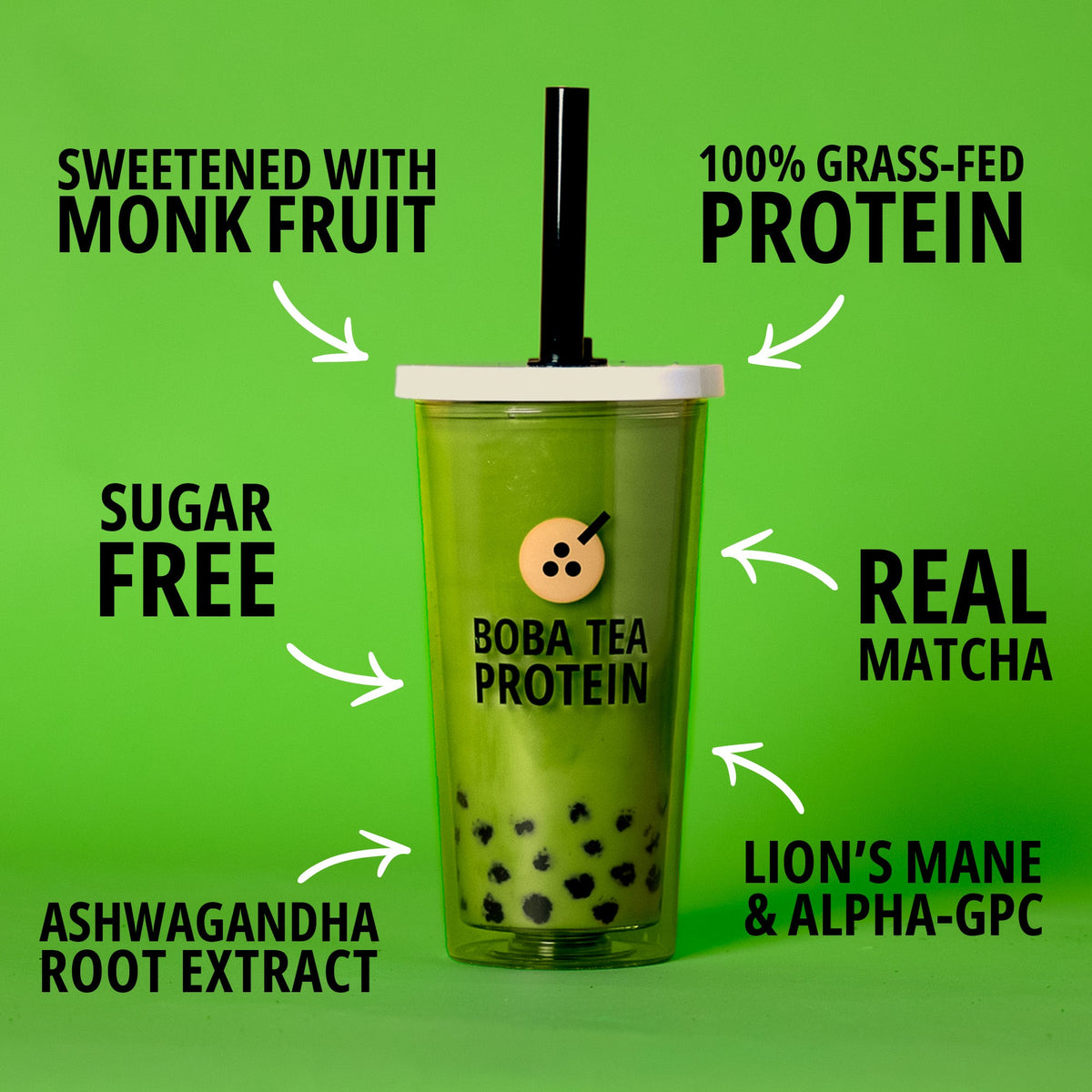 Green protein drink with text highlighting ingredients on a green background