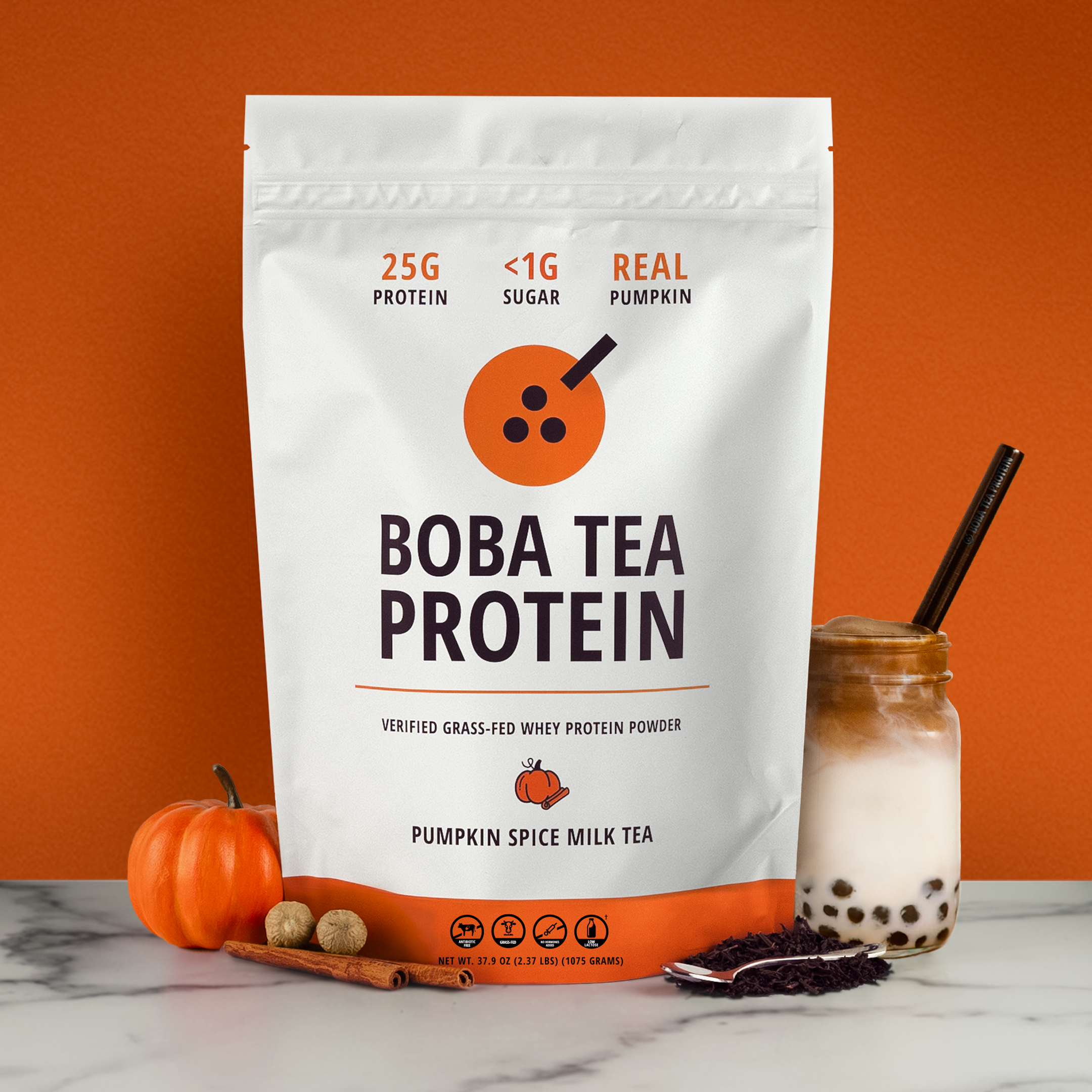 Boba Tea Protein package with a pumpkin spice milk tea flavor on an orange background