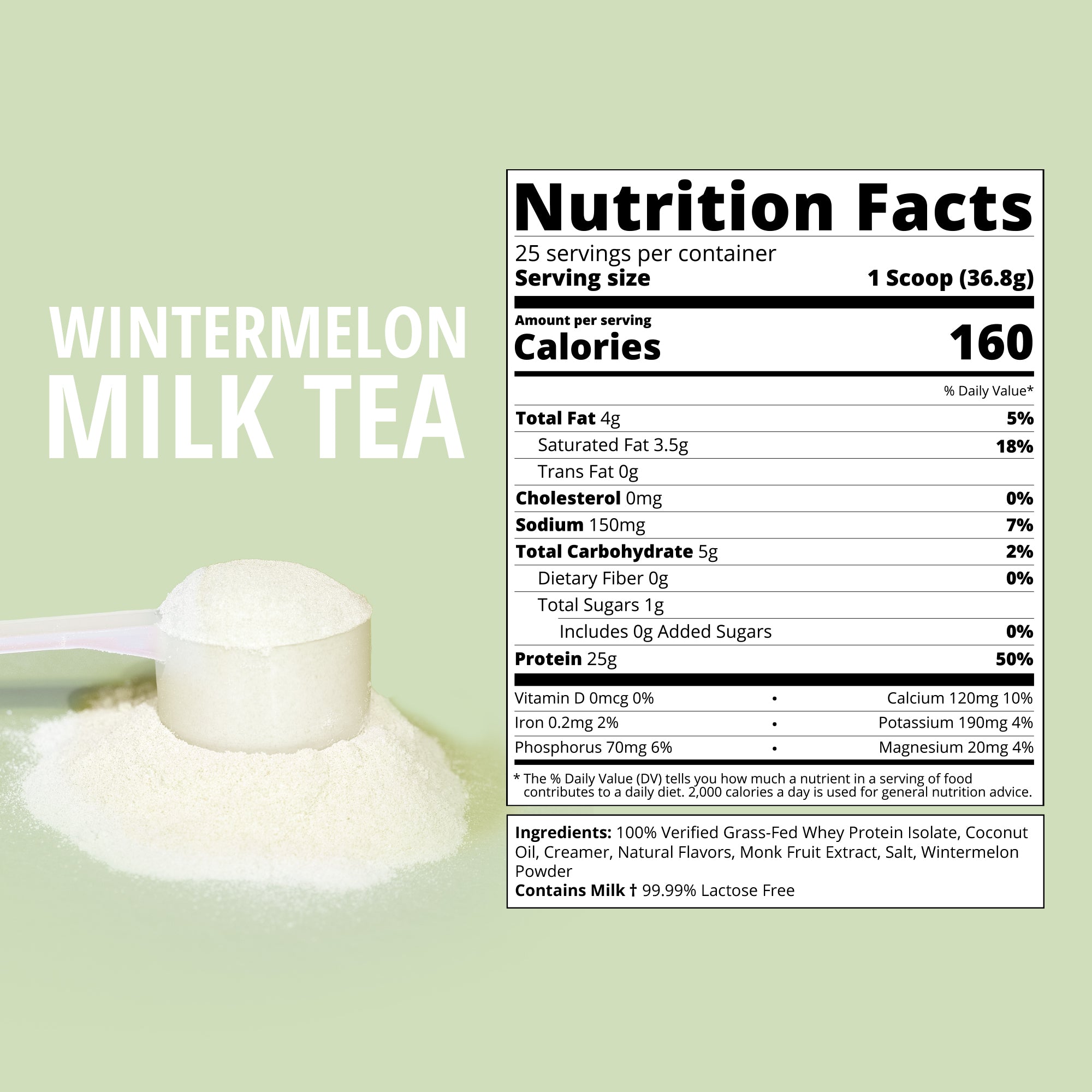 Nutrition facts label for wintermelon milk tea powder on a light green background