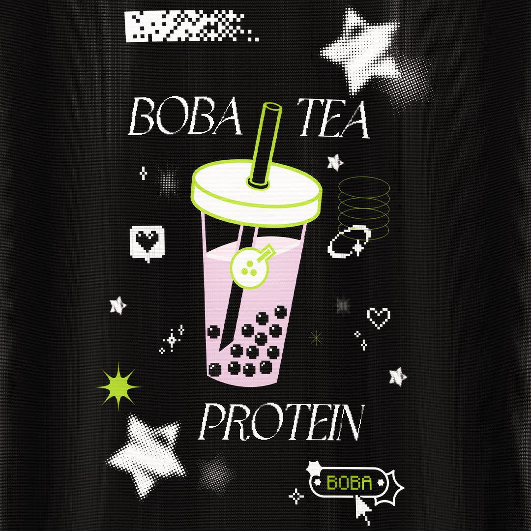 Boba tea protein green, purple, and white graphic with a black background