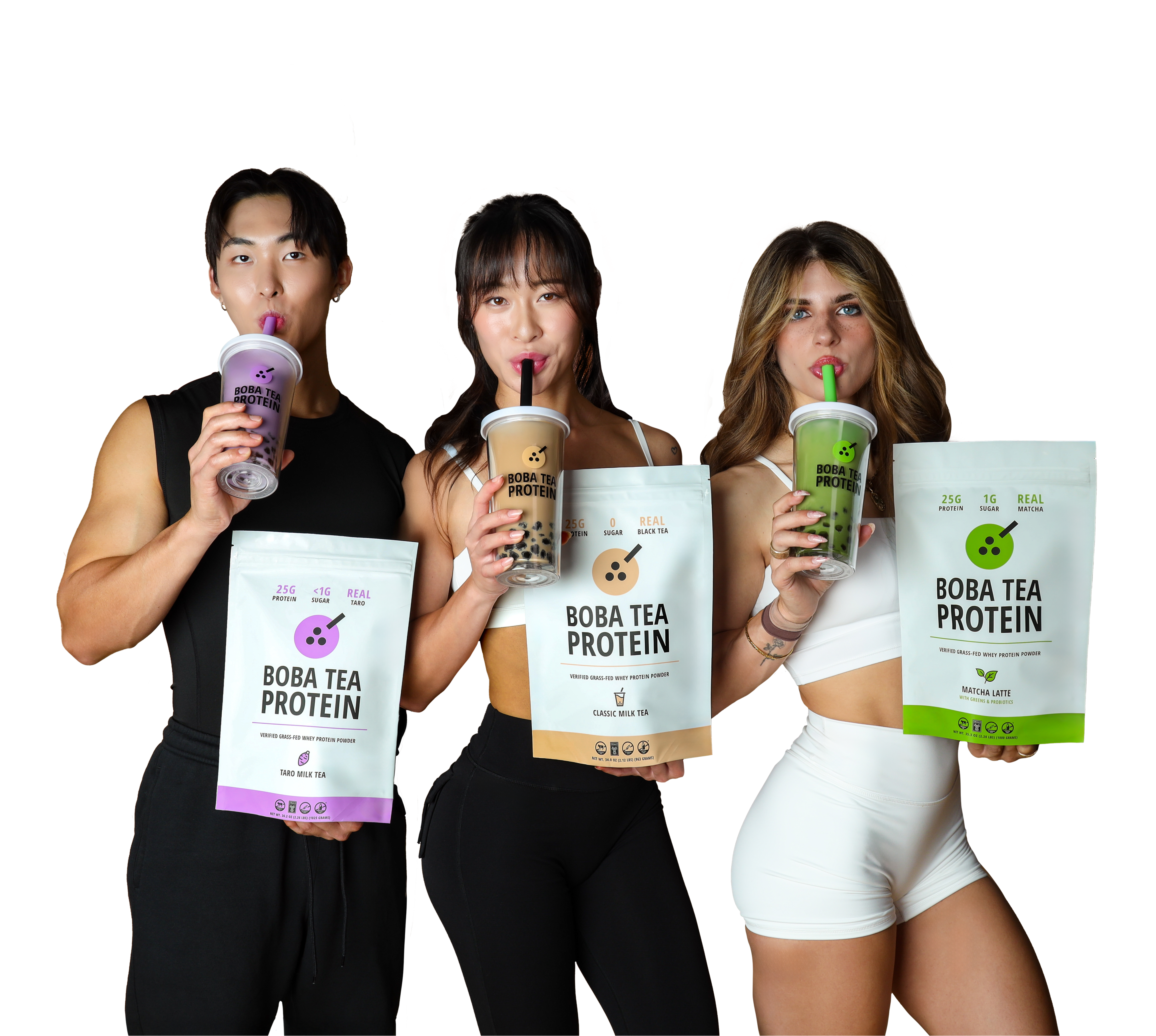 Three people holding Boba Tea Protein packages and drinks