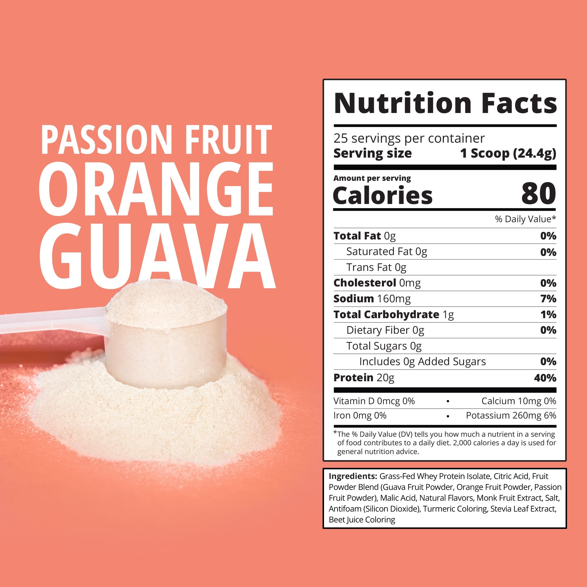Nutrition facts label for a protein powder scoop with 'Passion Fruit Orange Guava' flavor on a pink background.