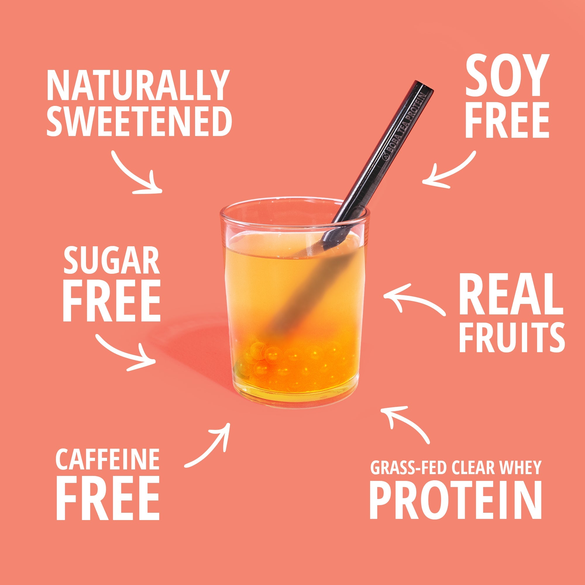 Glass of Boba Tea Protein's Passion Fruit Orange Guava Clear Whey Protein with a straw on a pink background, featuring text about the drink's attributes.