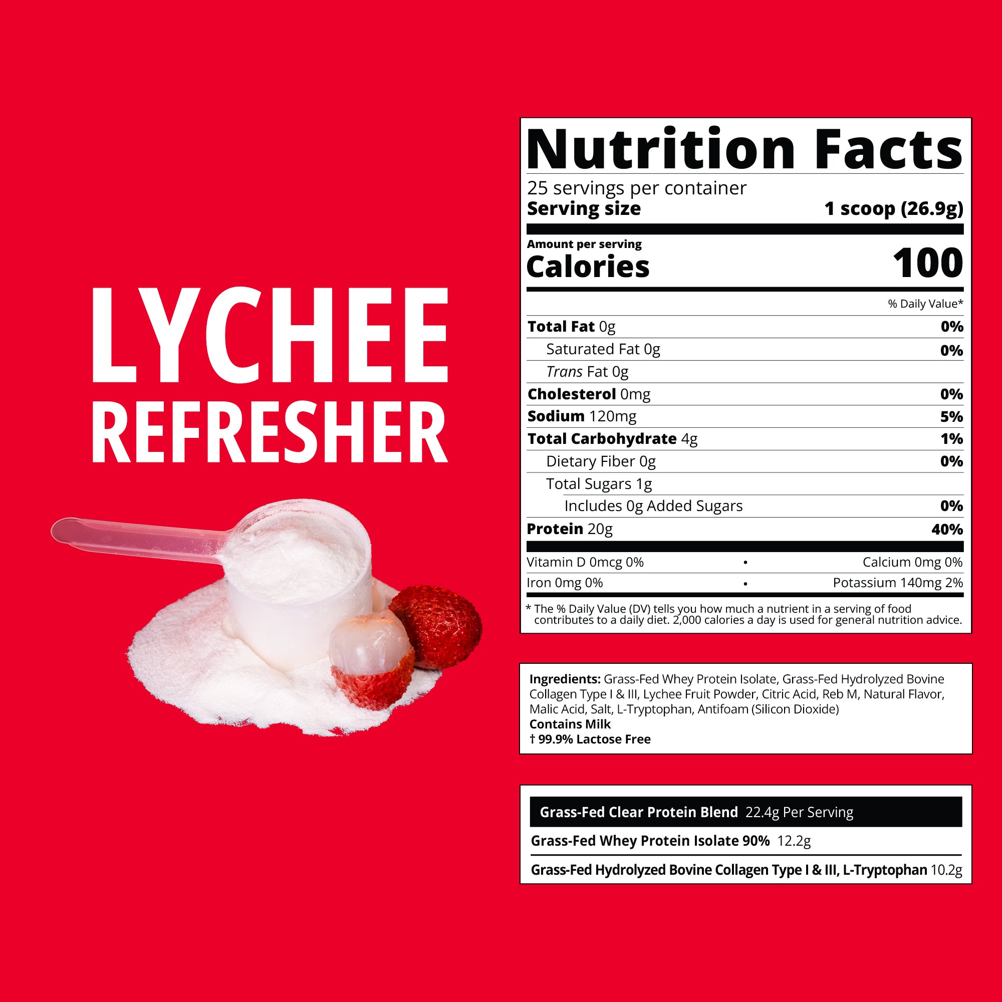Lychee Refresher protein powder nutrition facts panel on a bright red background, with a scoop of white powder and a sliced lychee fruit shown on the left. The panel lists calories, fat, cholesterol, carbohydrates, protein, and ingredients.