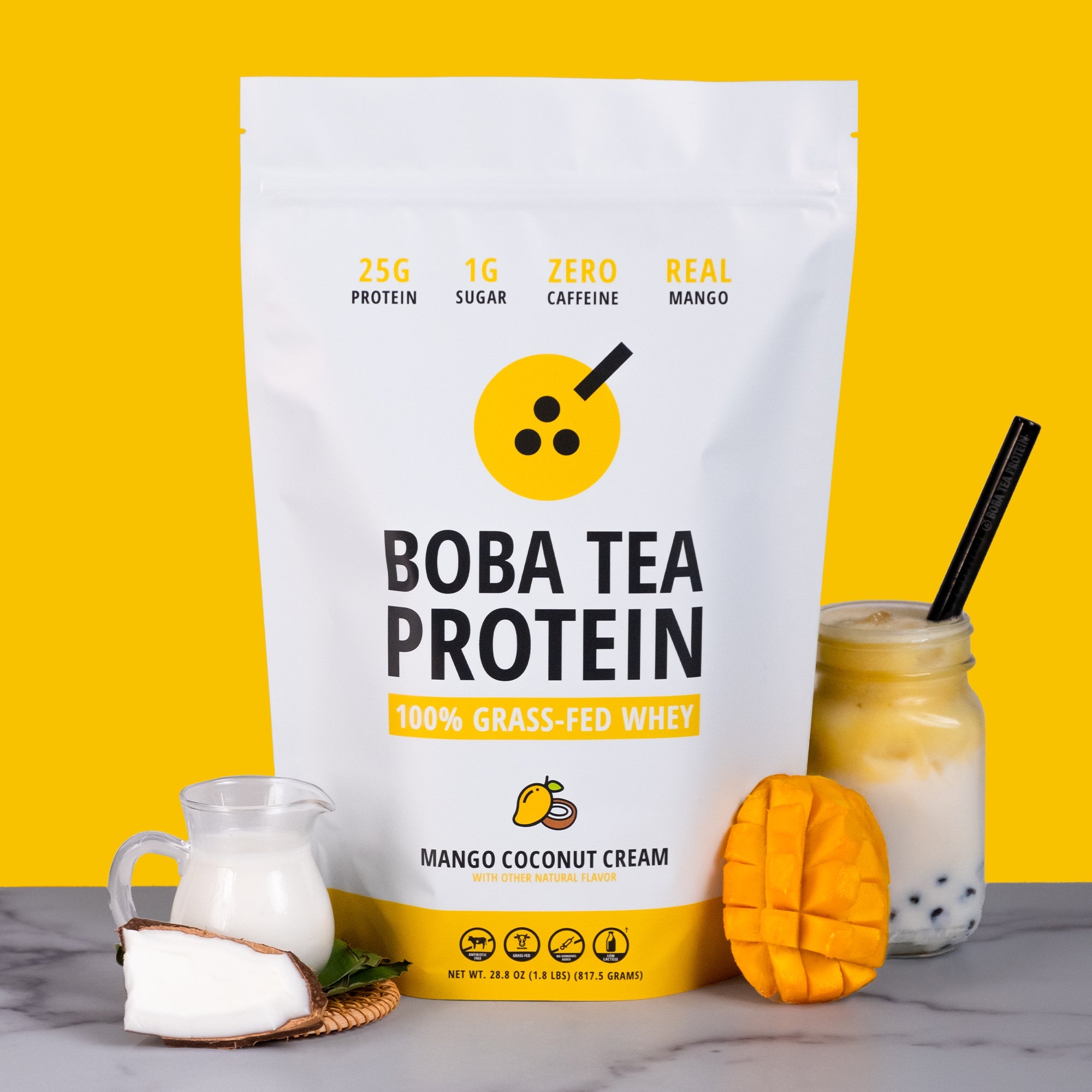 Boba tea protein package with a mango coconut cream flavor on a yellow background