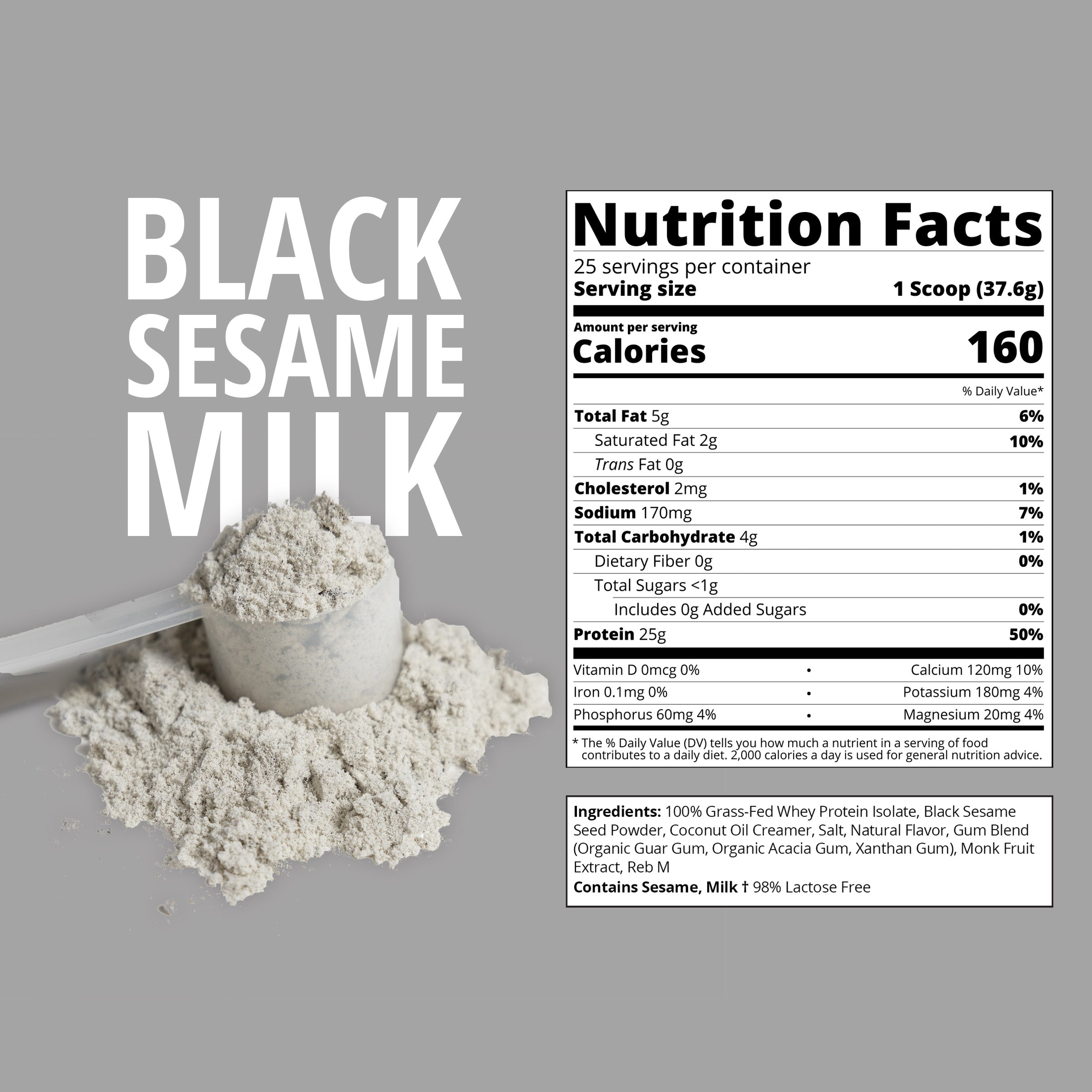Nutrition facts label for black sesame milk whey protein powder on a gray background