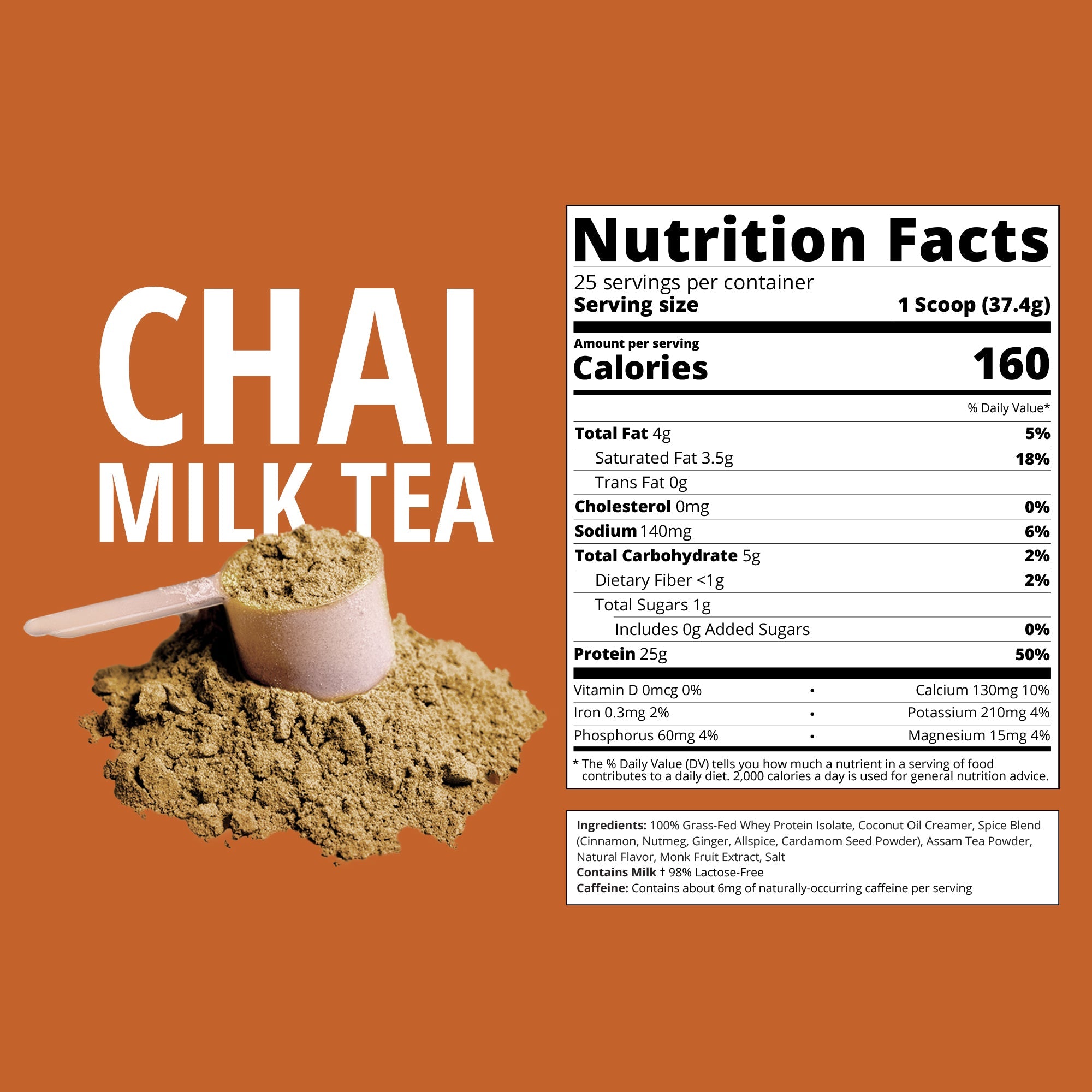 Nutrition facts label for chai milk tea powder on an orange background