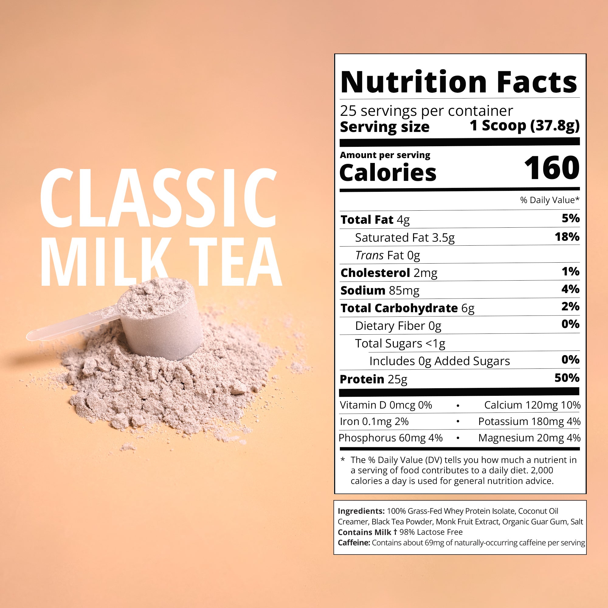 Nutrition facts label for 'Classic Milk Tea' powder with a scoop of powder on a beige background.