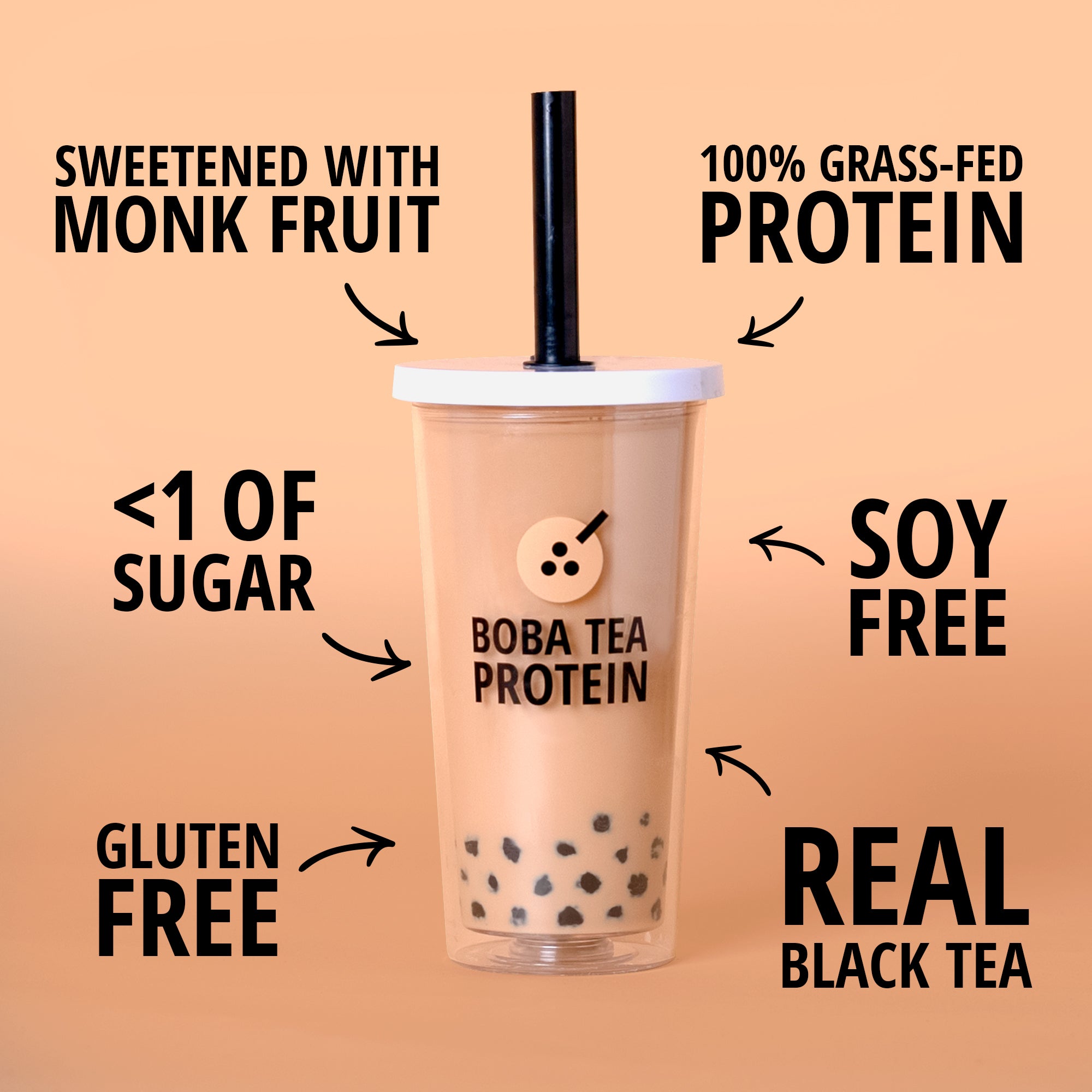 Boba tea protein drink with features listed on a beige background