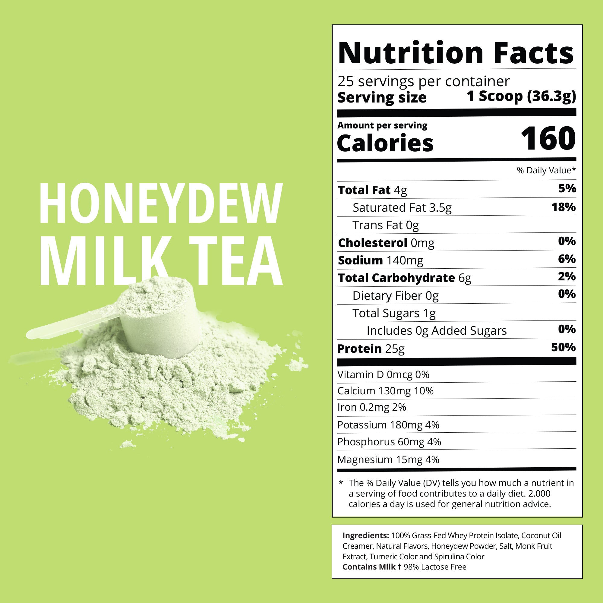 Nutrition facts label for honeydew milk tea powder on a green background