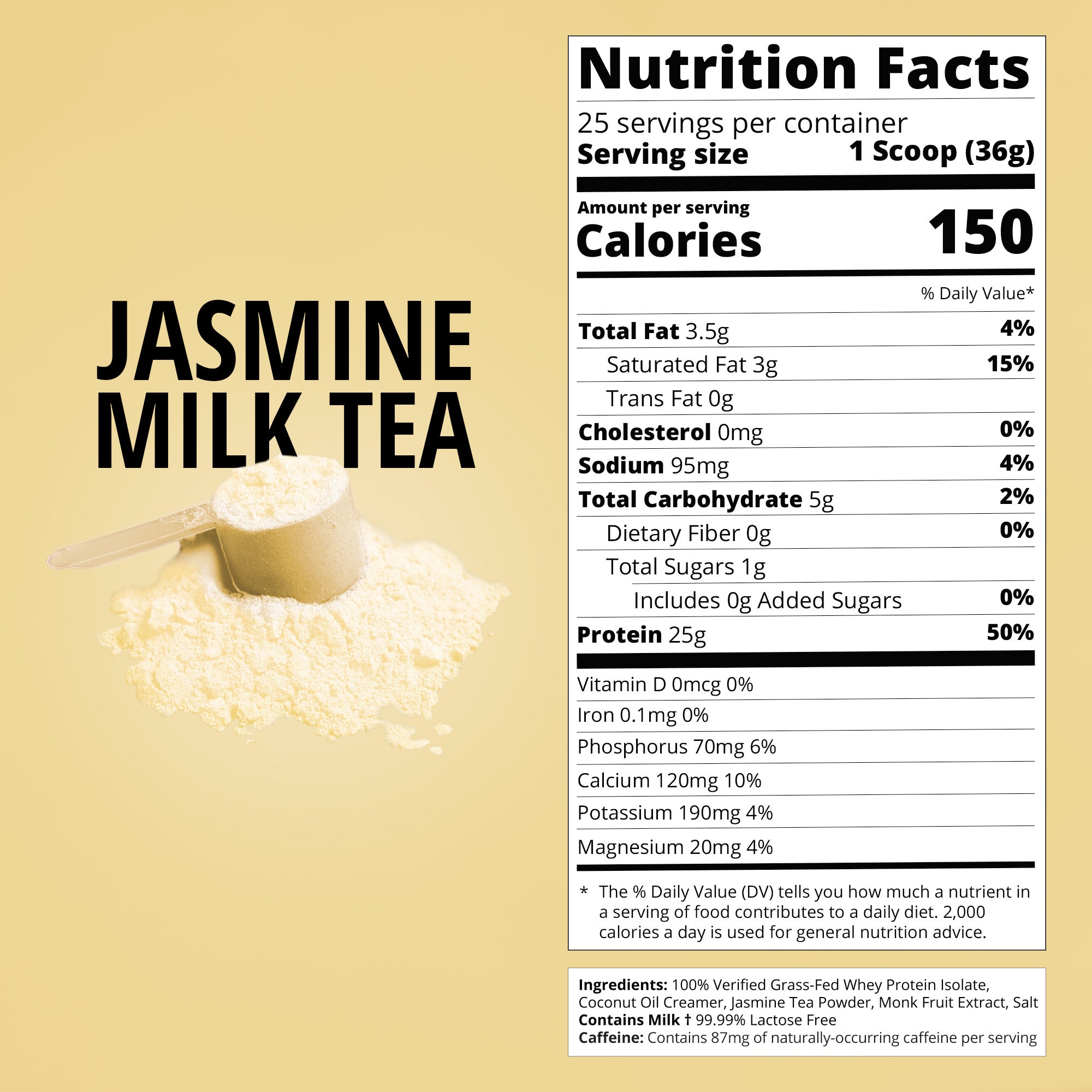 Nutrition facts label for jasmine milk tea protein powder on a yellow background