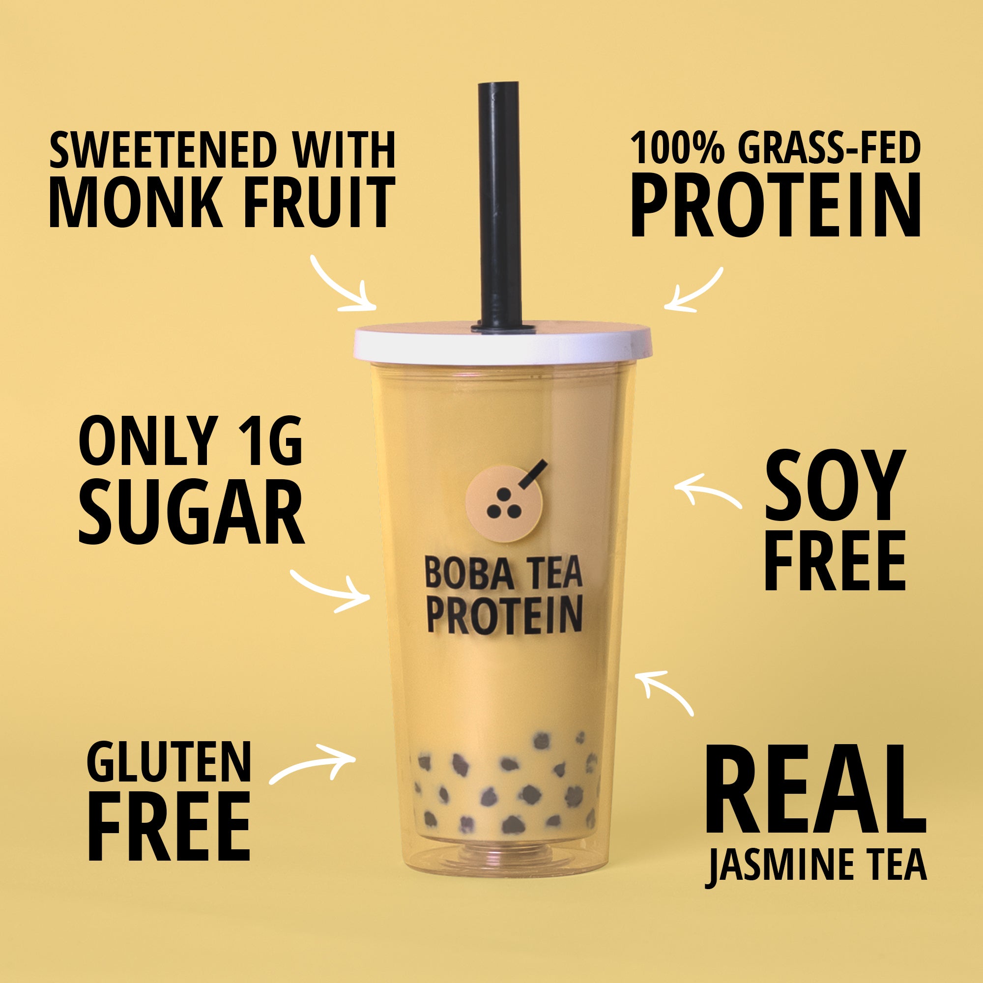 Tumbler with text about the features of Boba Tea Protein's Jasmine Milk Tea on a yellow background