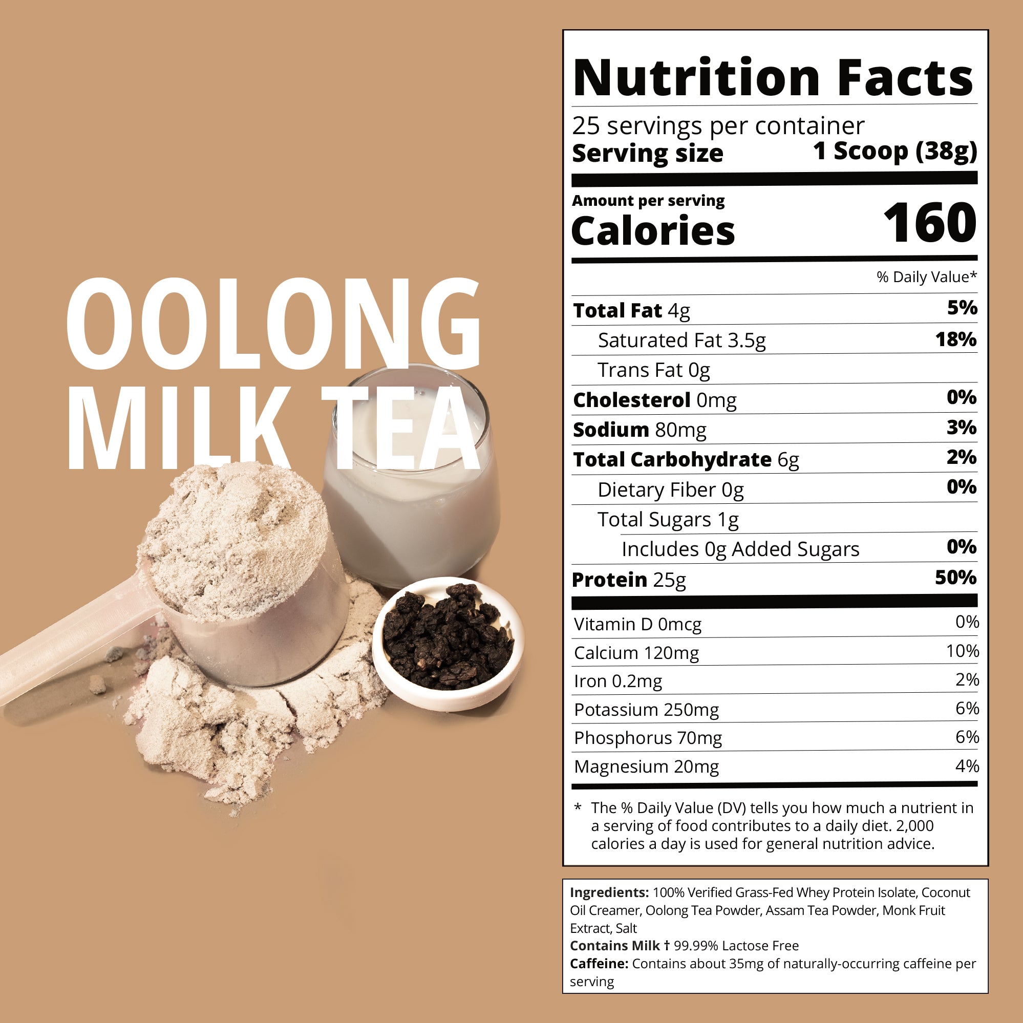 Nutrition facts label for oolong milk tea with ingredients and serving size on a brown background