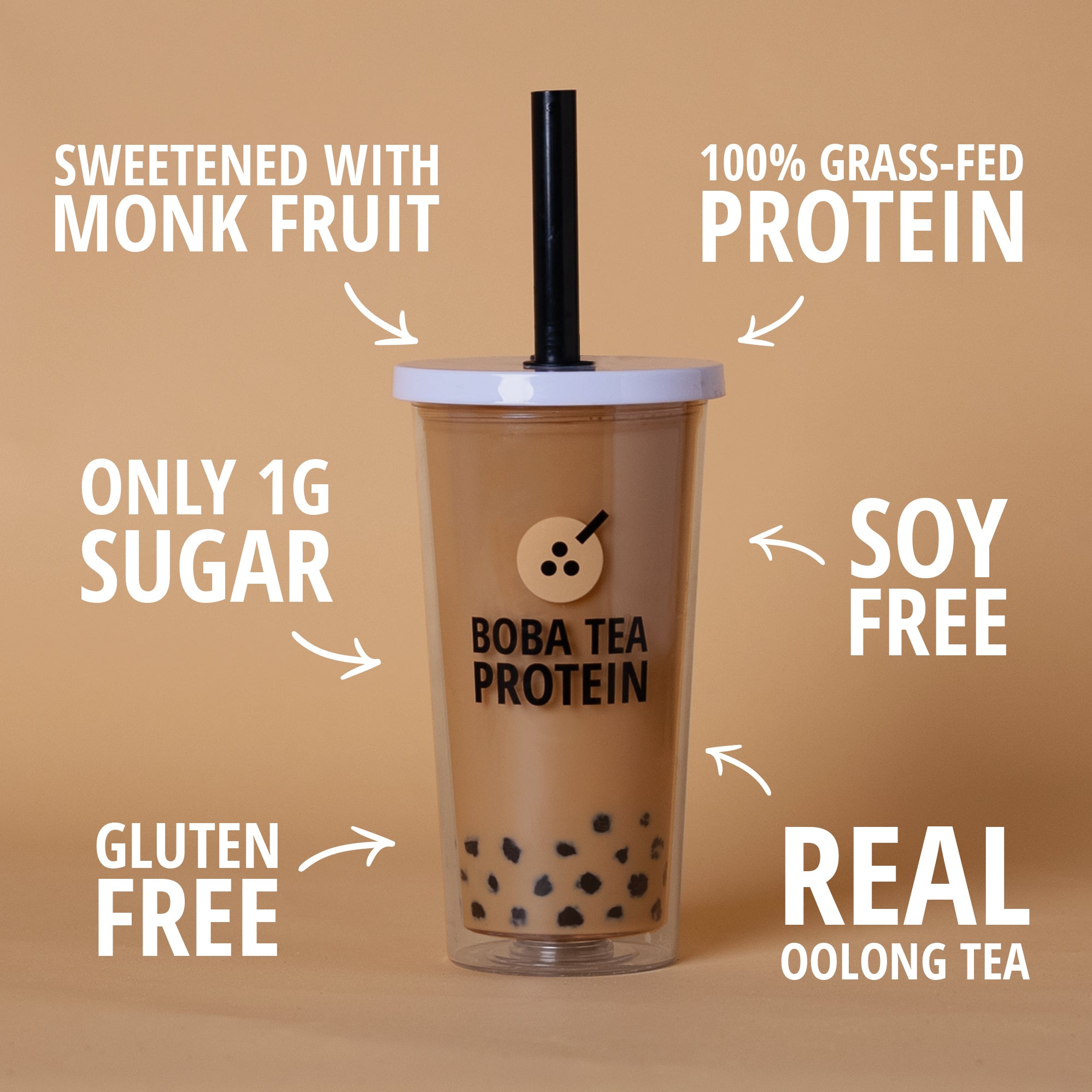 Boba tea protein drink with health benefits text on a brown background