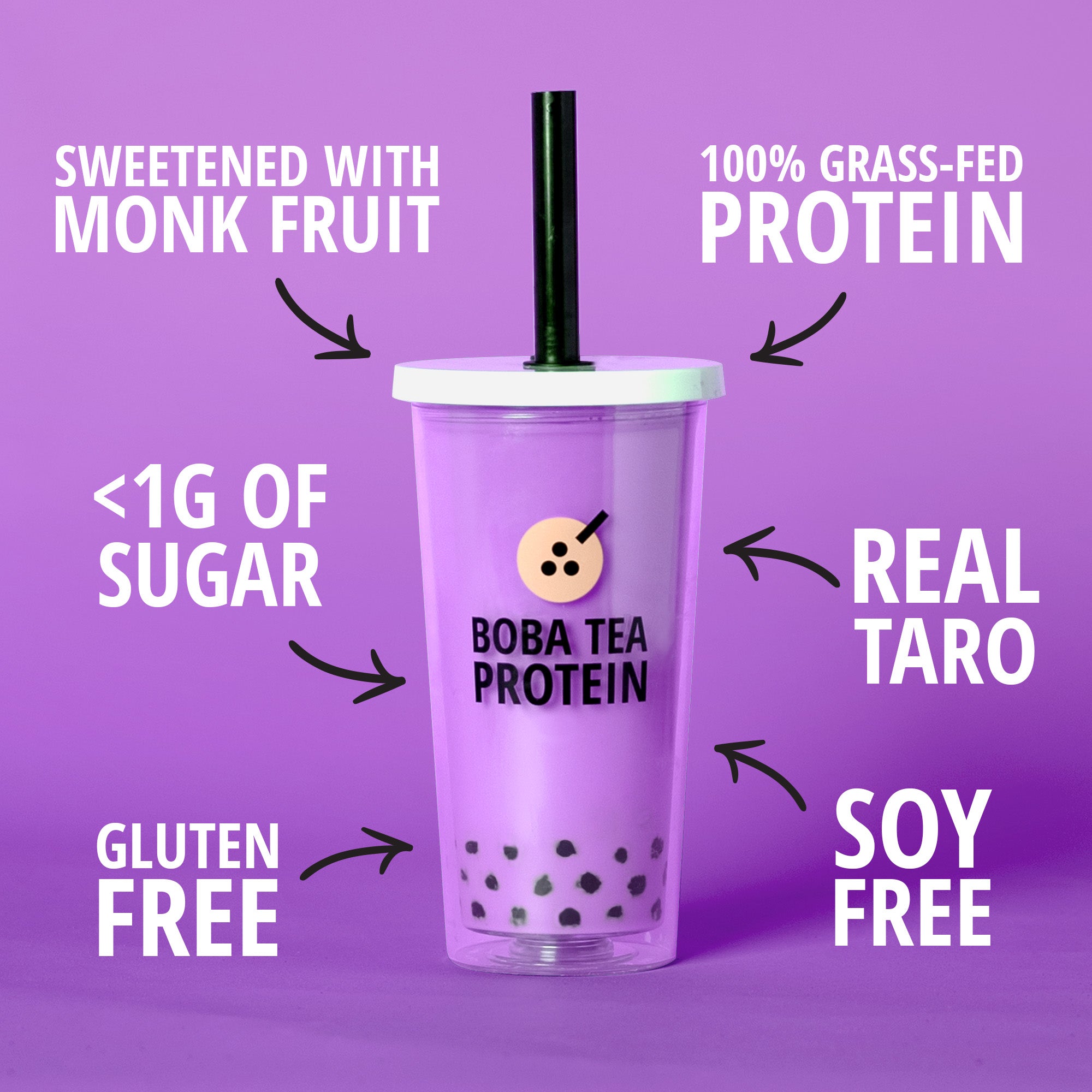 Purple tumbler with text highlighting features of Boba Tea Protein's Taro Milk Tea on a purple background