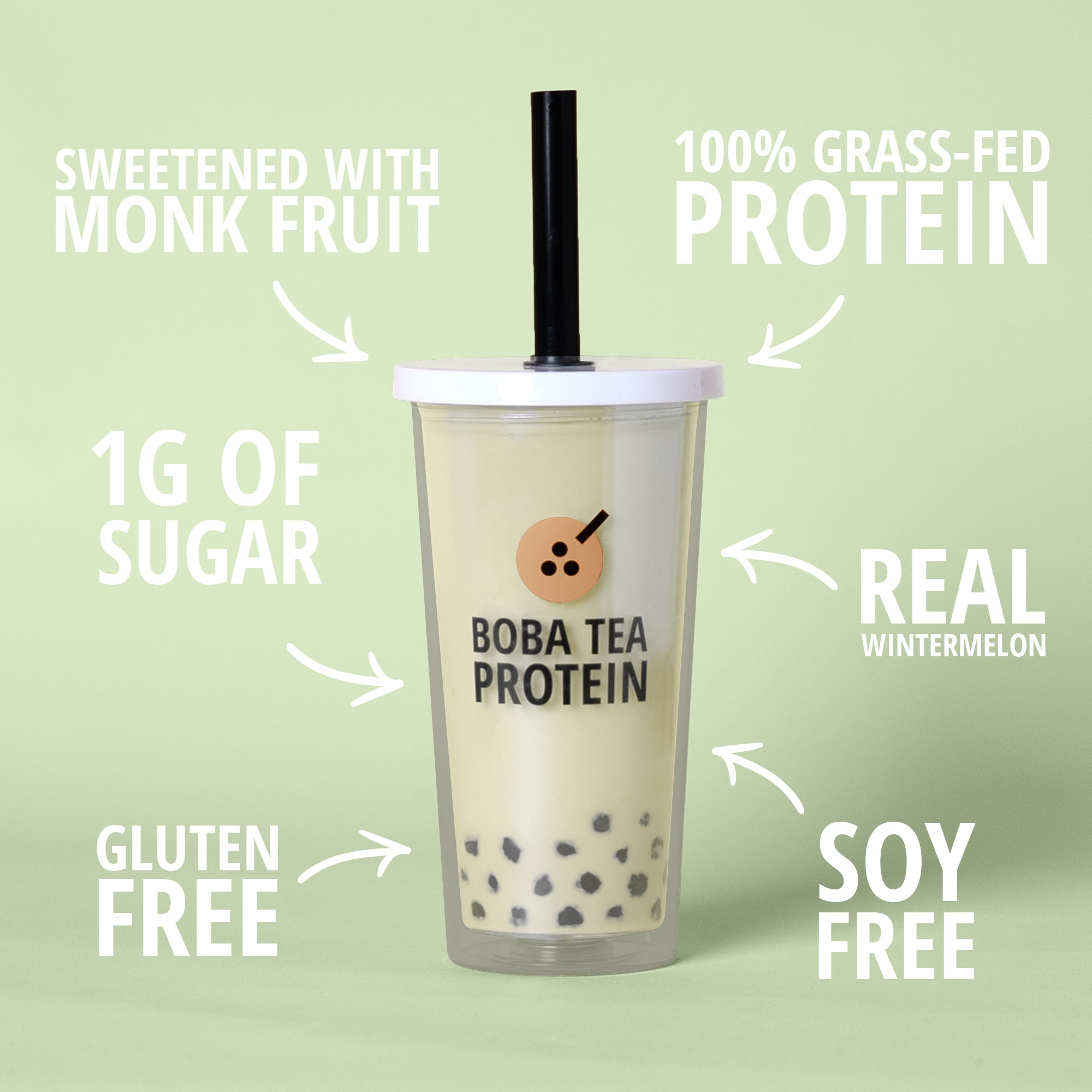 Boba tea protein drink with features text on a light green background